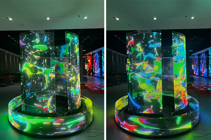Seamless Innovation on Glass: MileStrong's Transparent LED Film Screen Installed on Cylindrical Glass in the Exhibition Hall